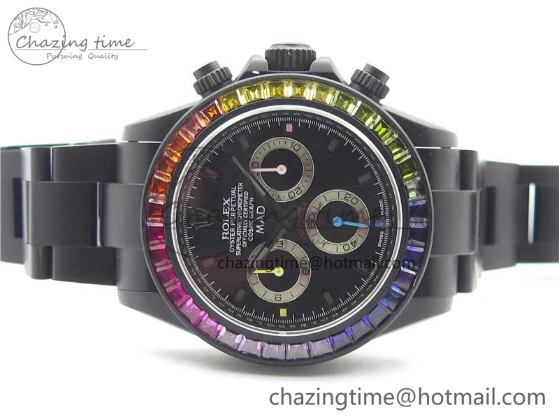 Daytona Blaken Rainbow Crystal Bezel PVD VR Best Edition Black Dial on PVD Bracelet A7750 V2