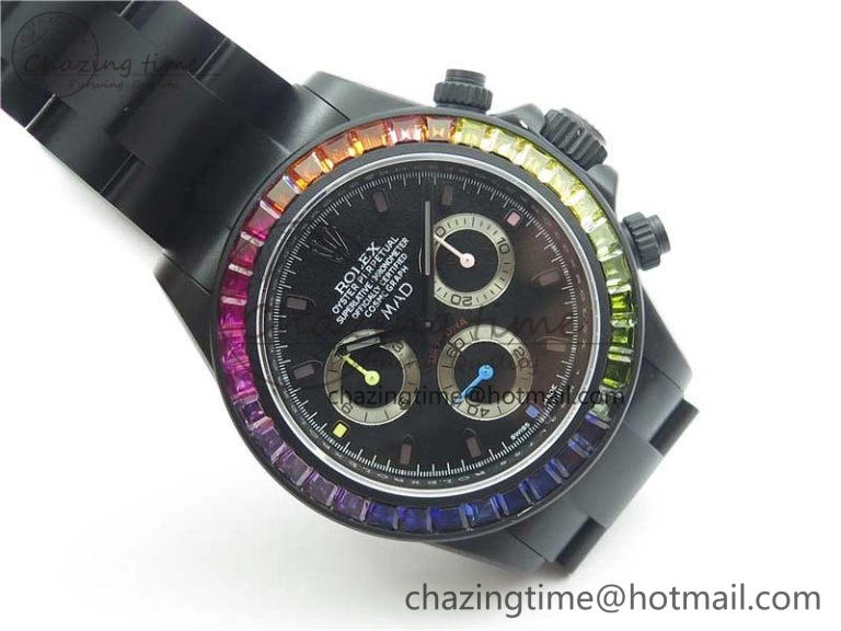 Daytona Blaken Rainbow Crystal Bezel PVD VR Best Edition Black Dial on PVD Bracelet A7750 V2