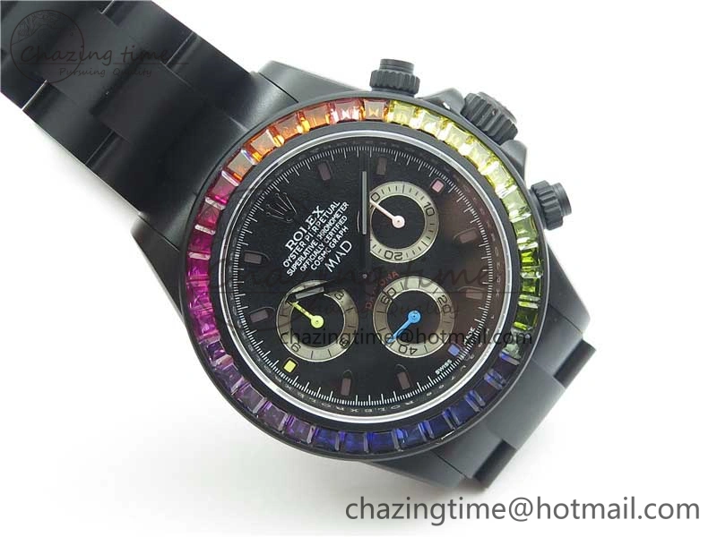Daytona Blaken Rainbow Crystal Bezel PVD VR Best Edition Black Dial on PVD Bracelet A7750 V2