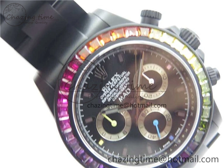 Daytona Blaken Rainbow Crystal Bezel PVD VR Best Edition Black Dial on PVD Bracelet A7750 V2