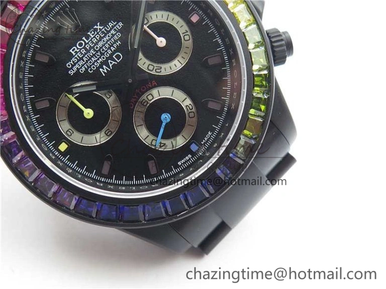 Daytona Blaken Rainbow Crystal Bezel PVD VR Best Edition Black Dial on PVD Bracelet A7750 V2