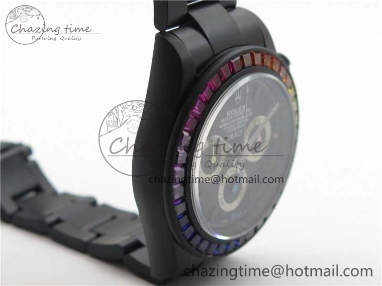 Daytona Blaken Rainbow Crystal Bezel PVD VR Best Edition Black Dial on PVD Bracelet A7750 V2