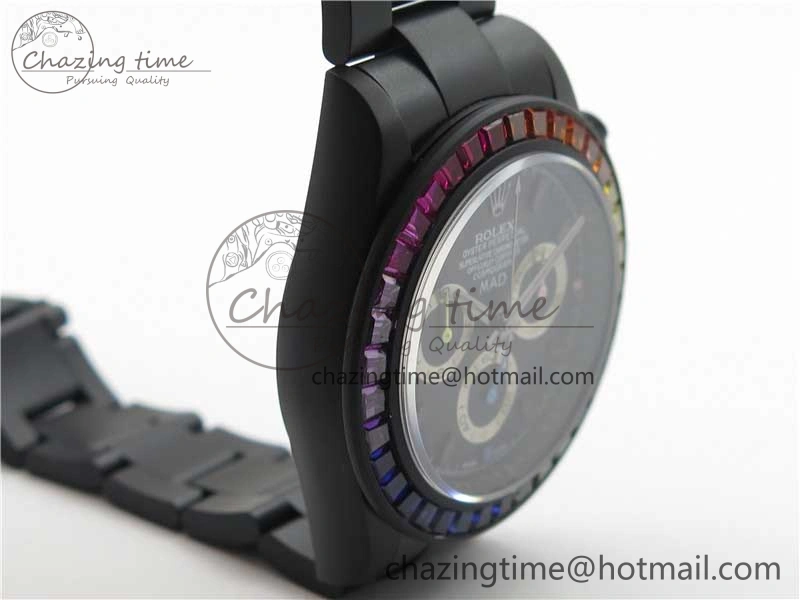 Daytona Blaken Rainbow Crystal Bezel PVD VR Best Edition Black Dial on PVD Bracelet A7750 V2