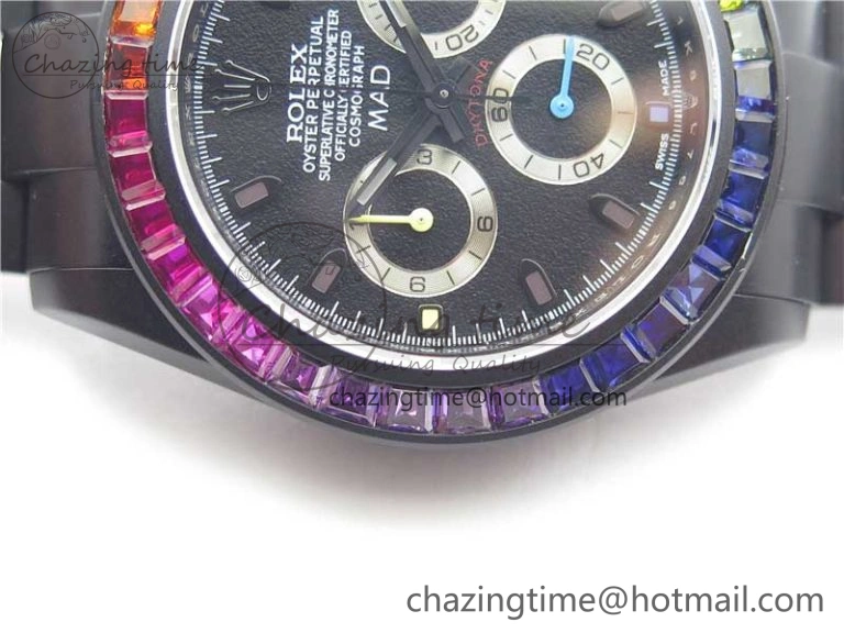 Daytona Blaken Rainbow Crystal Bezel PVD VR Best Edition Black Dial on PVD Bracelet A7750 V2