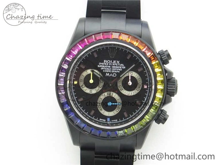 Daytona Blaken Rainbow Crystal Bezel PVD VR Best Edition Black Dial on PVD Bracelet A7750 V2