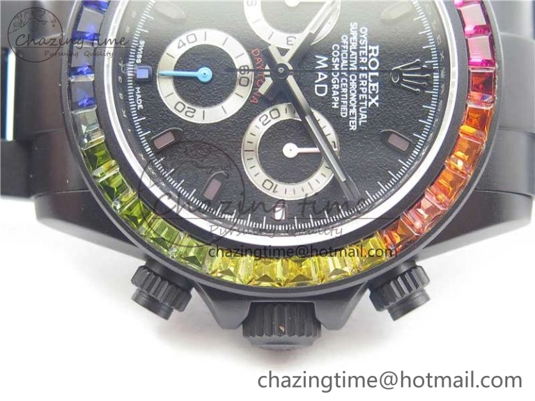 Daytona Blaken Rainbow Crystal Bezel PVD VR Best Edition Black Dial on PVD Bracelet A7750 V2