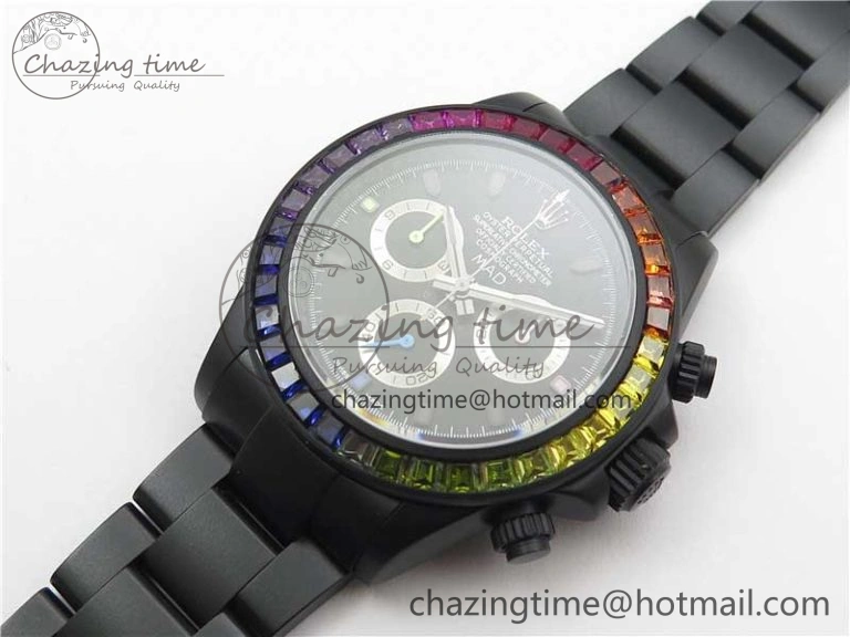 Daytona Blaken Rainbow Crystal Bezel PVD VR Best Edition Black Dial on PVD Bracelet A7750 V2
