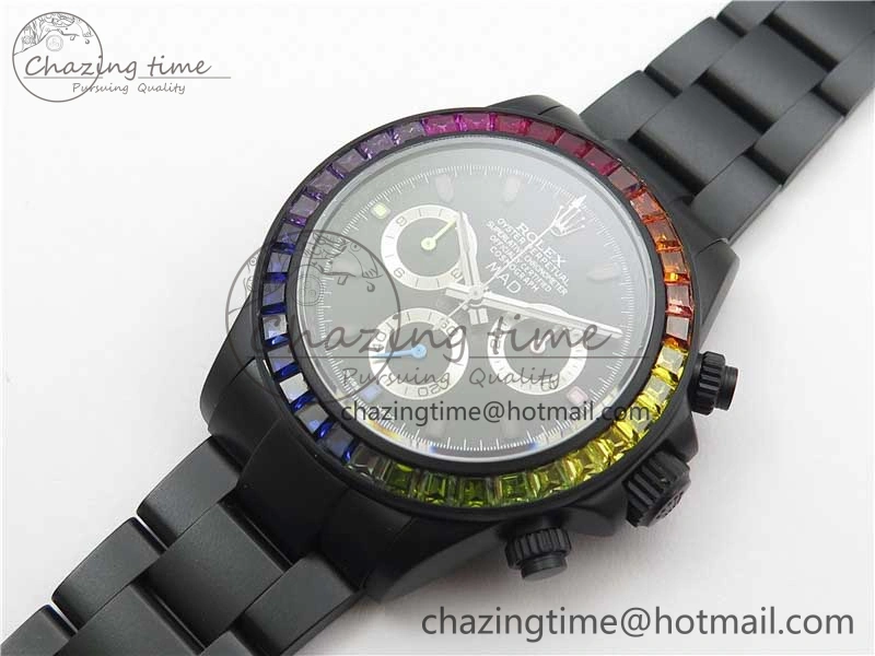 Daytona Blaken Rainbow Crystal Bezel PVD VR Best Edition Black Dial on PVD Bracelet A7750 V2