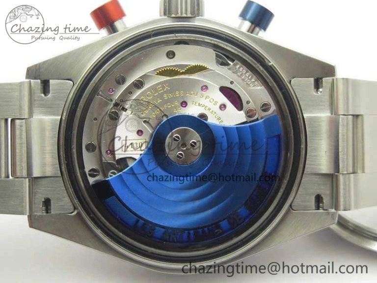 Daytona Blue Red Pushers BP Maker Blue Dial On SS Bracelet A4130 (Free Leather Strap)