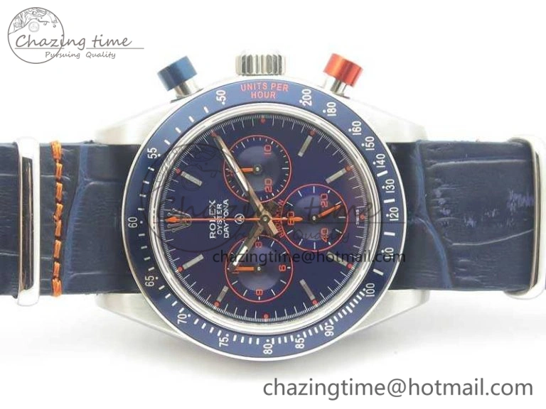 Daytona Blue Red Pushers BP Maker Blue Dial On SS Bracelet A4130 (Free Leather Strap)