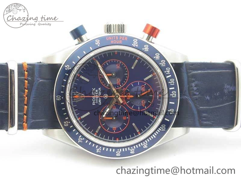 Daytona Blue Red Pushers BP Maker Blue Dial On SS Bracelet A4130 (Free Leather Strap)