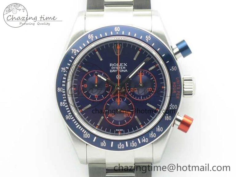Daytona Blue Red Pushers BP Maker Blue Dial On SS Bracelet A4130 (Free Leather Strap)