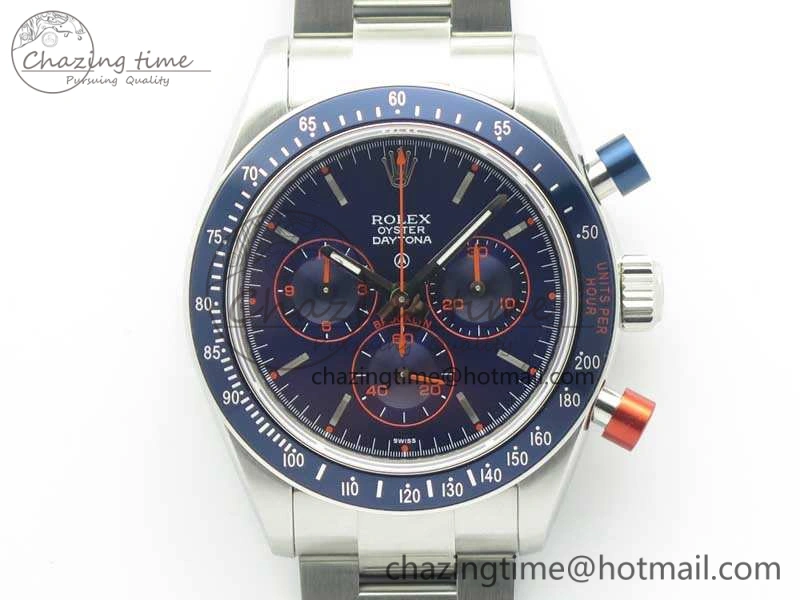 Daytona Blue Red Pushers BP Maker Blue Dial On SS Bracelet A4130 (Free Leather Strap)