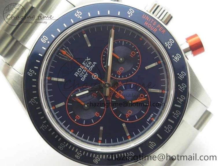 Daytona Blue Red Pushers BP Maker Blue Dial On SS Bracelet A4130 (Free Leather Strap)