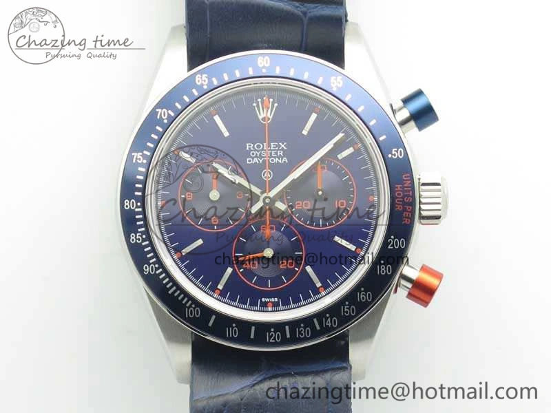 Daytona Blue Red Pushers BP Maker Blue Dial On SS Bracelet A4130 (Free Leather Strap)