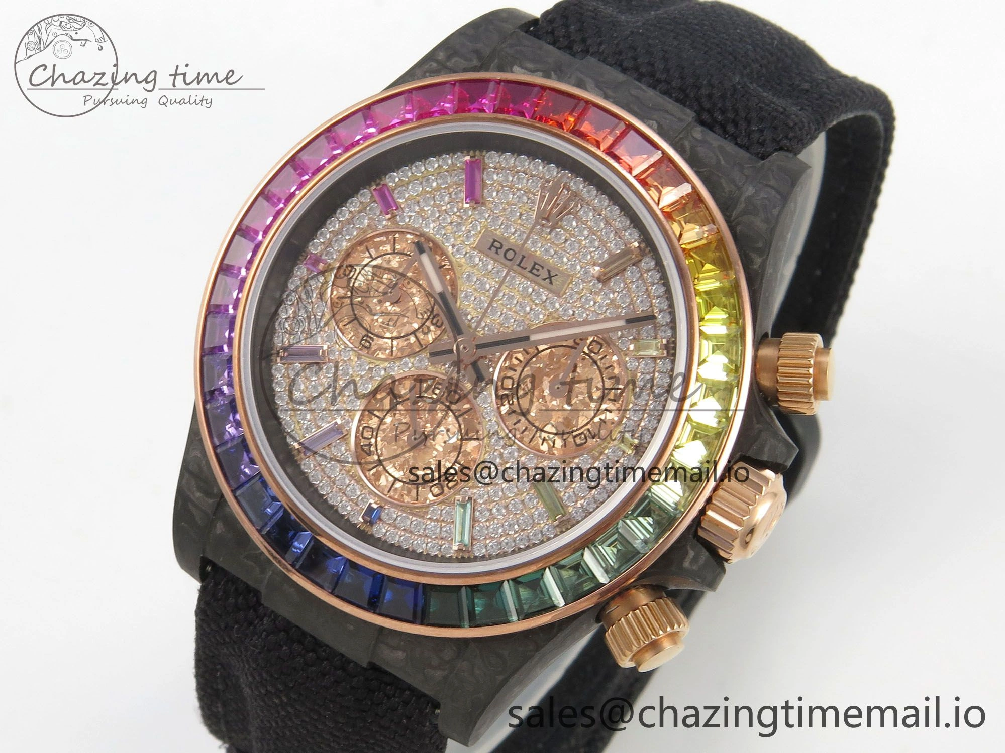 Daytona Cosmograph Black Carbon MPF Best Edition Full Diamond Dial Black Nylon Strap A4801