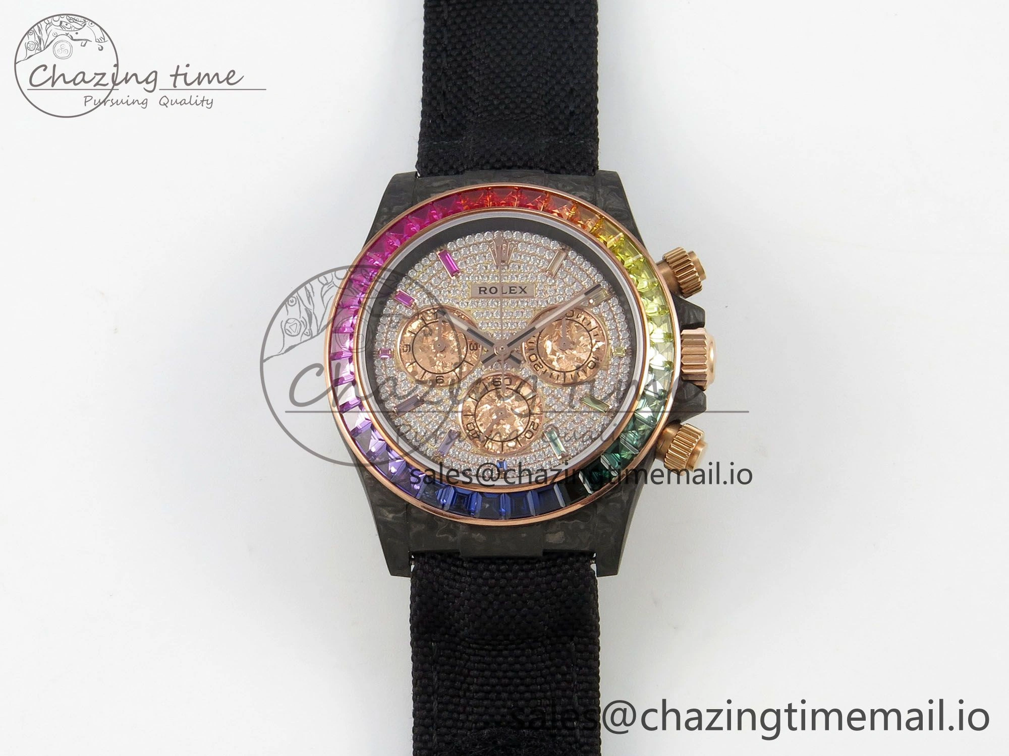 Daytona Cosmograph Black Carbon MPF Best Edition Full Diamond Dial Black Nylon Strap A4801