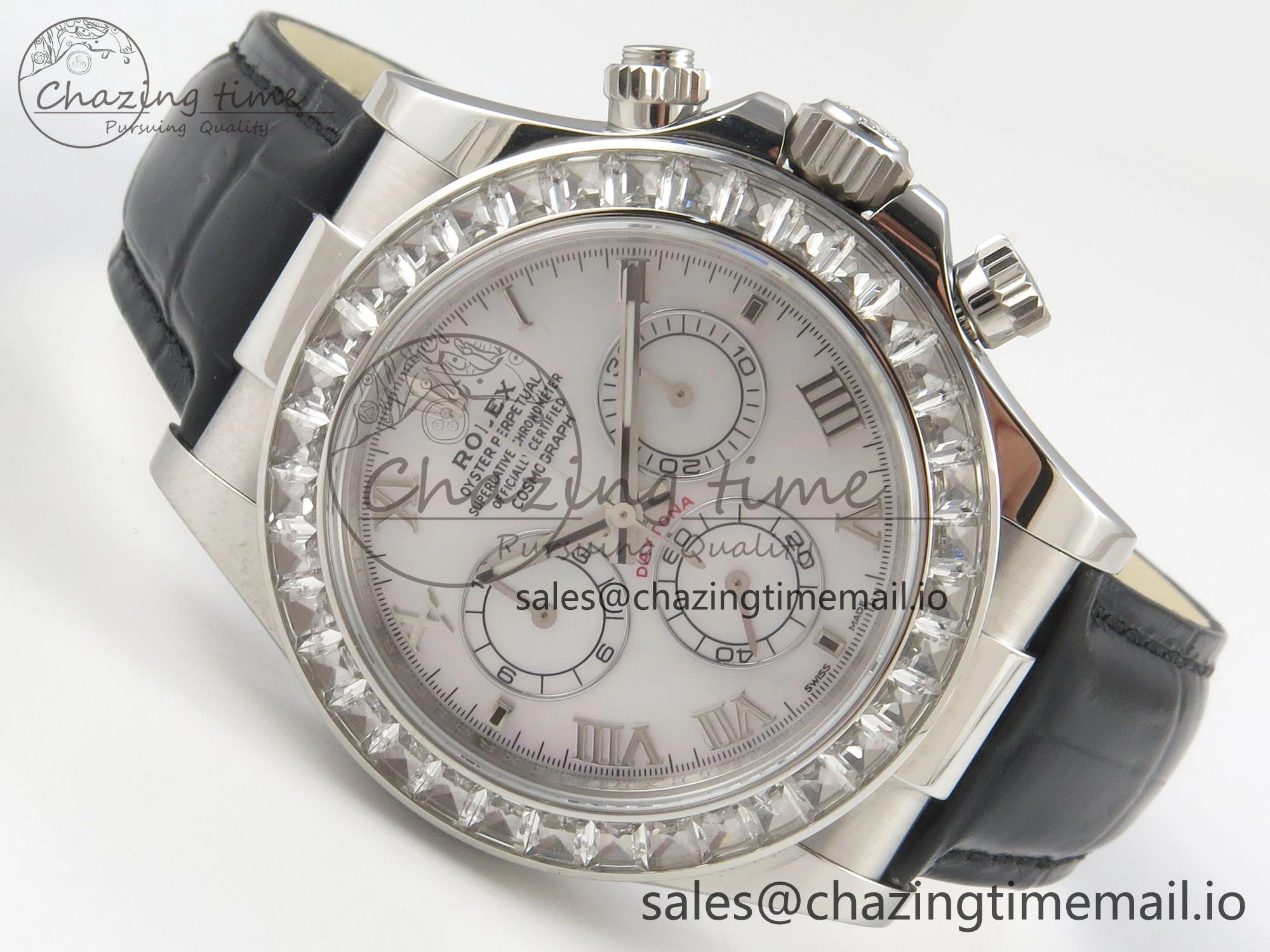 Daytona Cosmograph Light Crystals Bezel SS MPF Best White MOP Dial On Black Leather Strap A4801