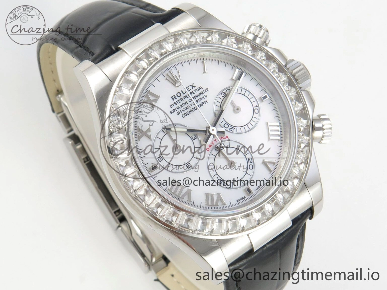 Daytona Cosmograph Light Crystals Bezel SS MPF Best White MOP Dial On Black Leather Strap A4801