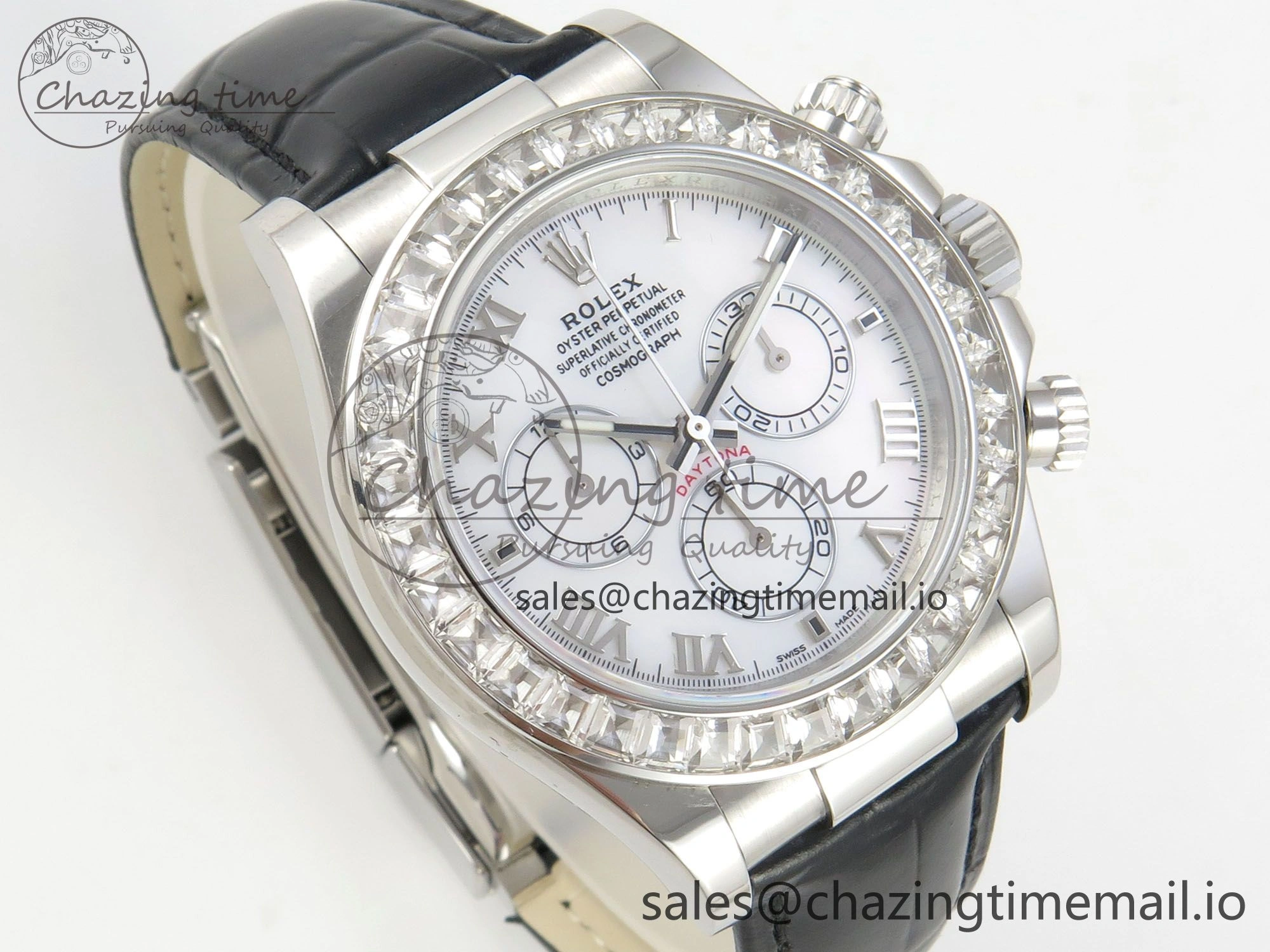 Daytona Cosmograph Light Crystals Bezel SS MPF Best White MOP Dial On Black Leather Strap A4801