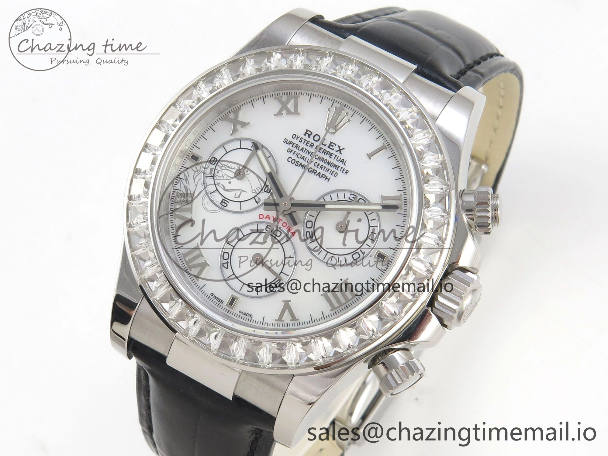 Daytona Cosmograph Light Crystals Bezel SS MPF Best White MOP Dial On Black Leather Strap A4801