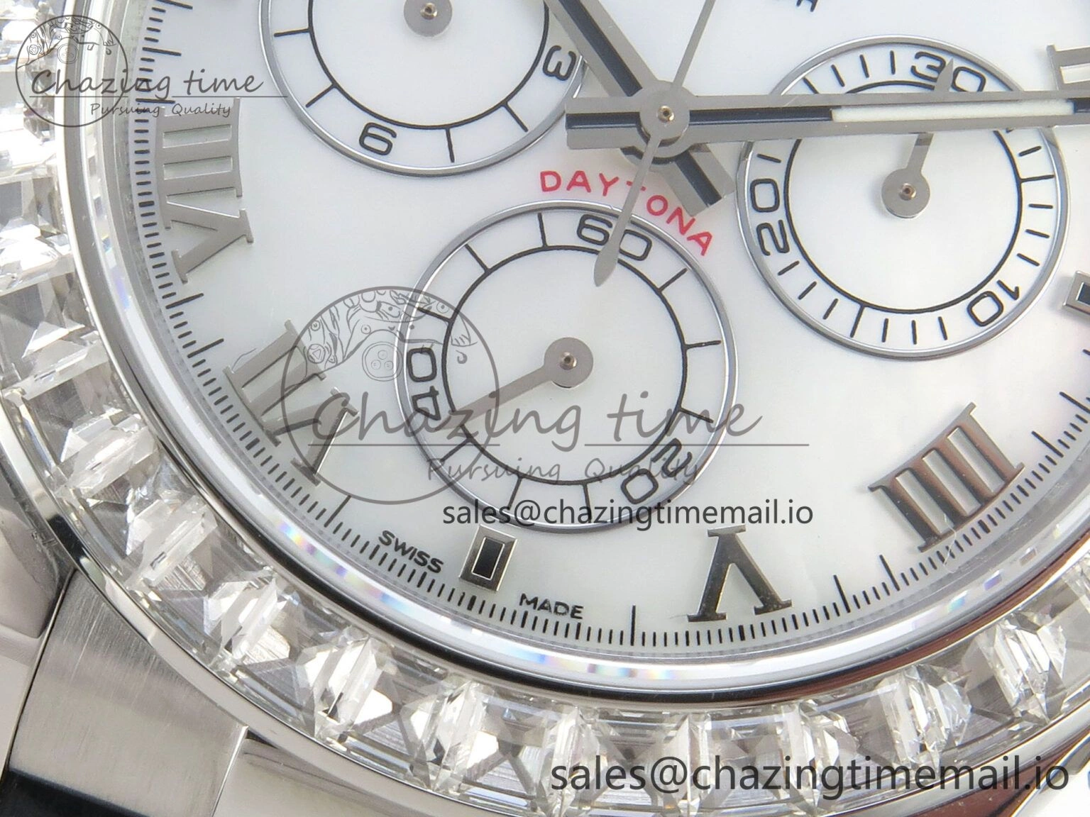 Daytona Cosmograph Light Crystals Bezel SS MPF Best White MOP Dial On Black Leather Strap A4801