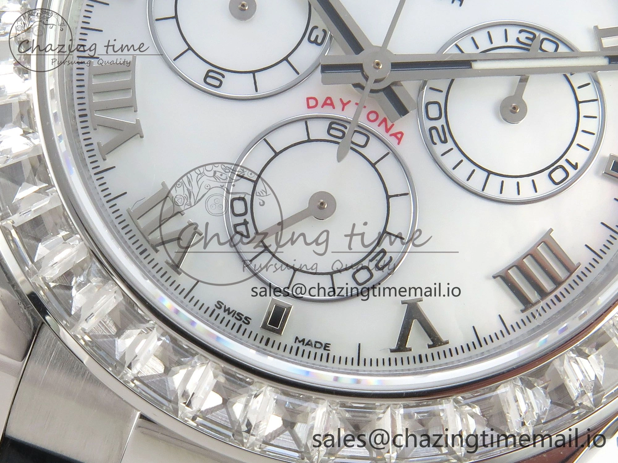 Daytona Cosmograph Light Crystals Bezel SS MPF Best White MOP Dial On Black Leather Strap A4801