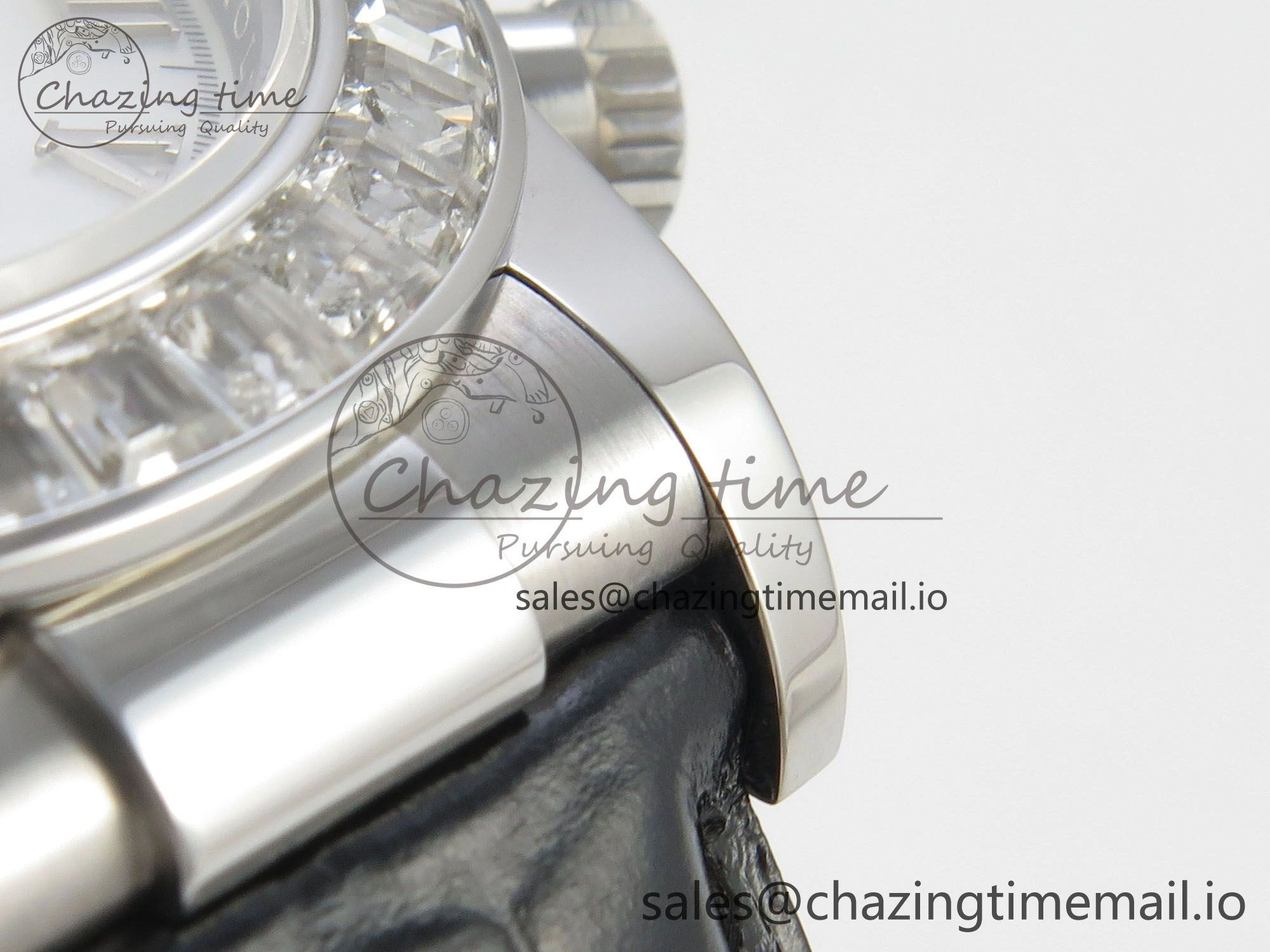Daytona Cosmograph Light Crystals Bezel SS MPF Best White MOP Dial On Black Leather Strap A4801