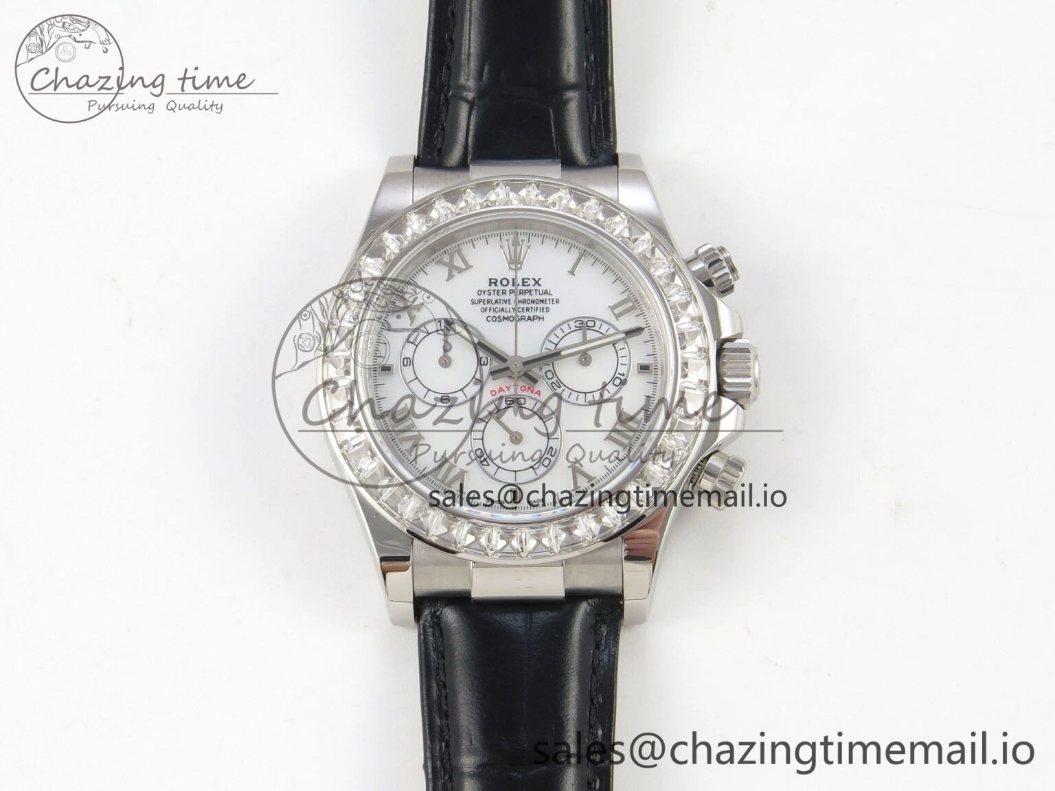 Daytona Cosmograph Light Crystals Bezel SS MPF Best White MOP Dial On Black Leather Strap A4801