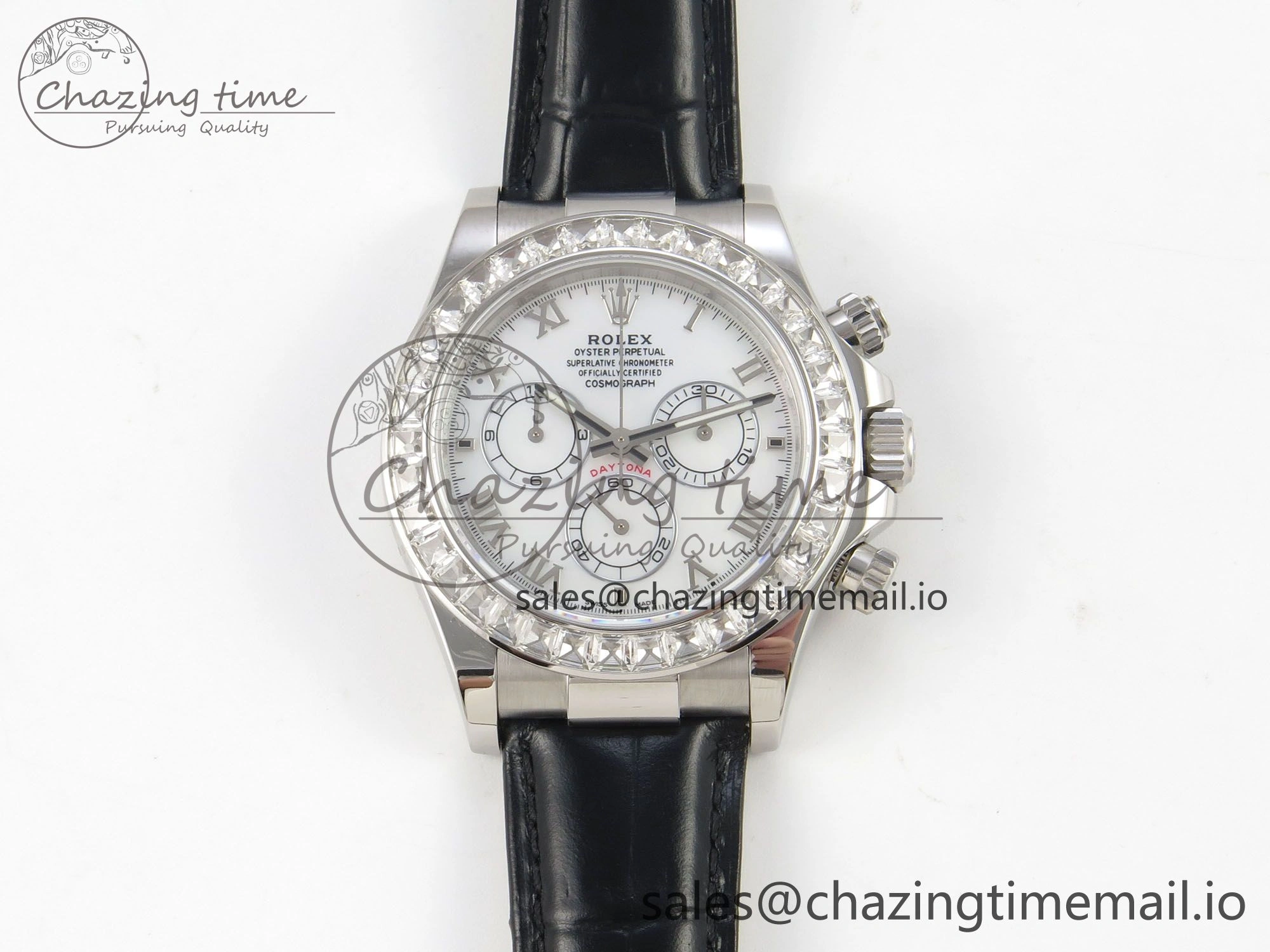 Daytona Cosmograph Light Crystals Bezel SS MPF Best White MOP Dial On Black Leather Strap A4801