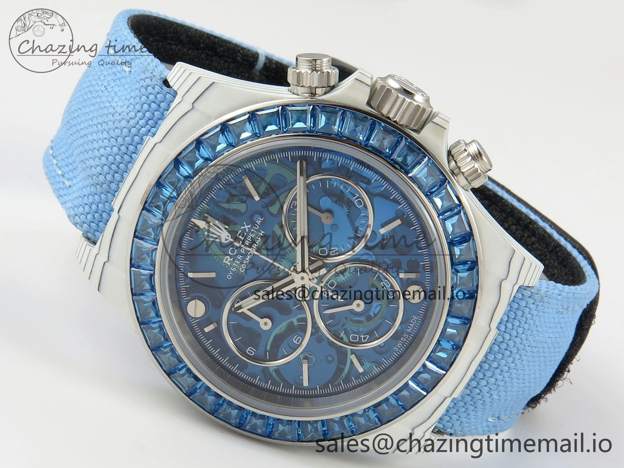 Daytona Cosmograph White Carbon Blue Crystals Bezel MPF Best Blue Skeleton Dial on Blue Nylon Strap A4801