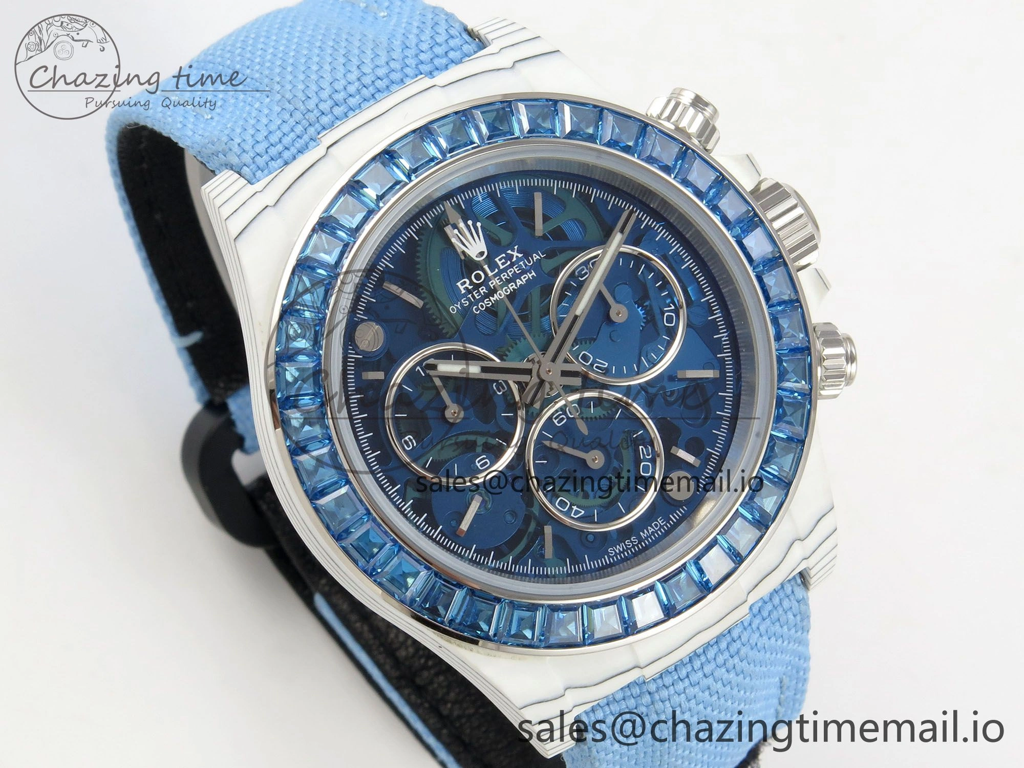 Daytona Cosmograph White Carbon Blue Crystals Bezel MPF Best Blue Skeleton Dial on Blue Nylon Strap A4801