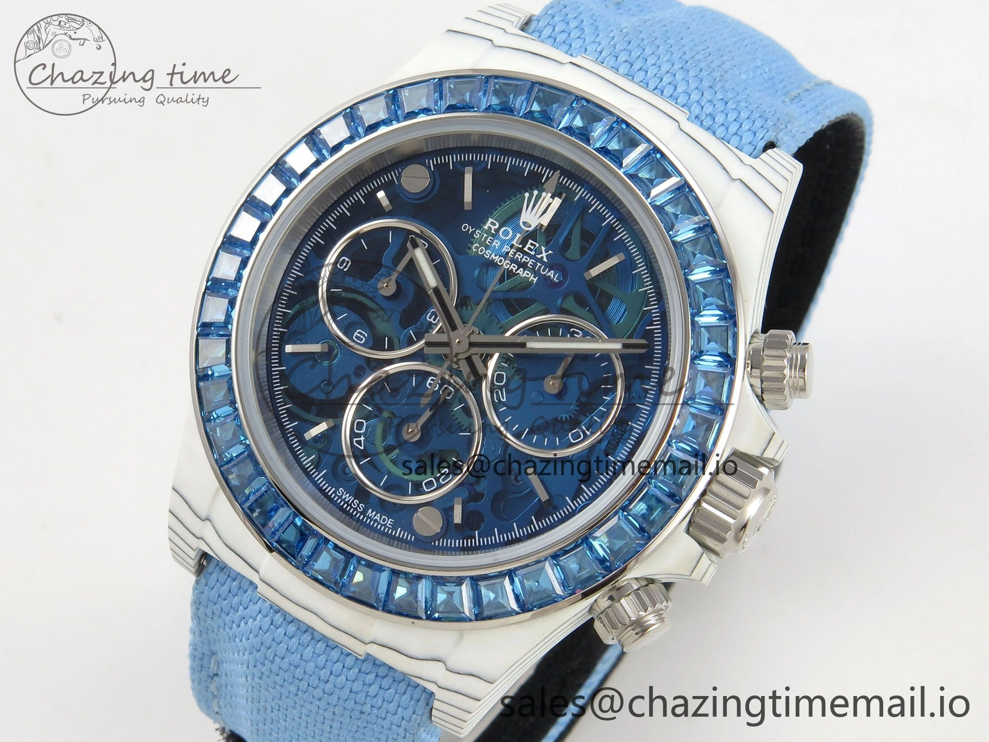 Daytona Cosmograph White Carbon Blue Crystals Bezel MPF Best Blue Skeleton Dial on Blue Nylon Strap A4801