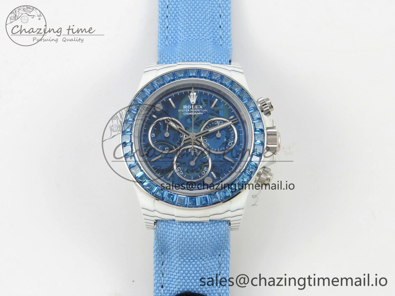 Daytona Cosmograph White Carbon Blue Crystals Bezel MPF Best Blue Skeleton Dial on Blue Nylon Strap A4801