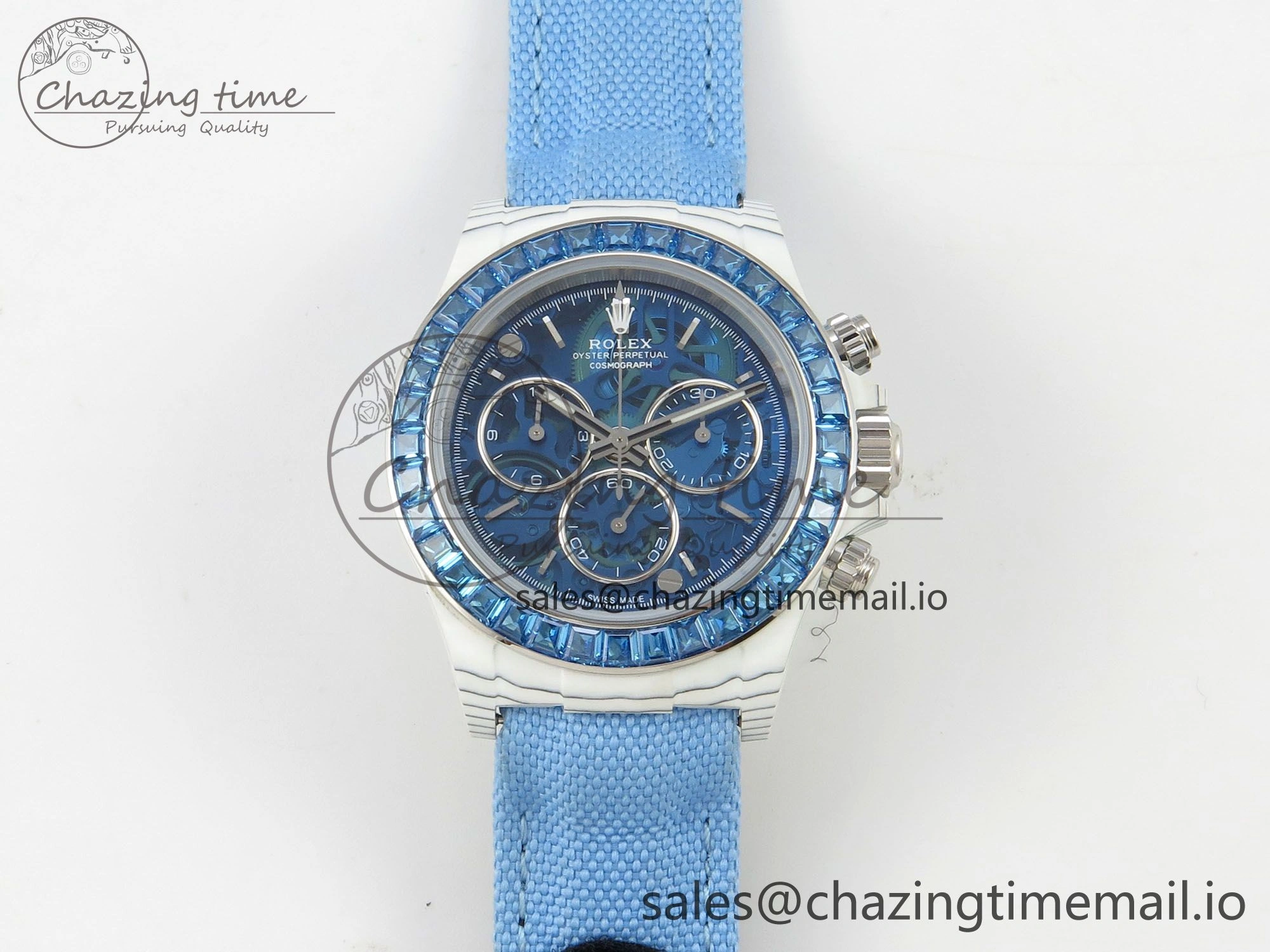 Daytona Cosmograph White Carbon Blue Crystals Bezel MPF Best Blue Skeleton Dial on Blue Nylon Strap A4801