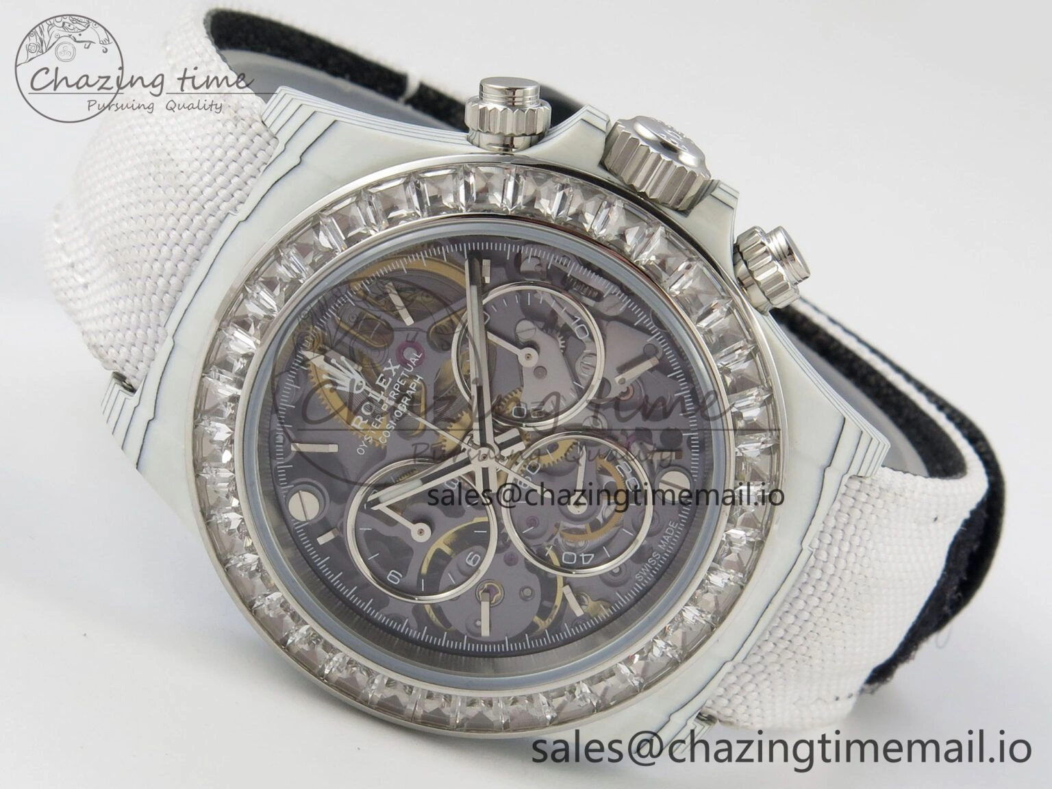 Daytona Cosmograph White Carbon MPF Best Blaken Skeleton Dial on White Nylon Strap A4801