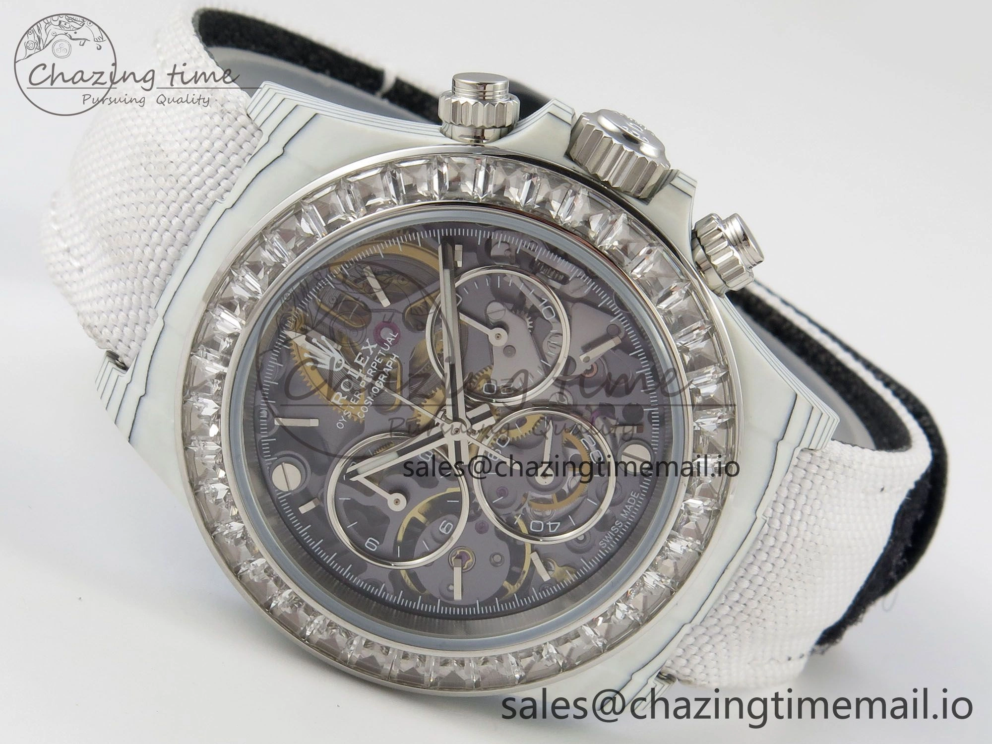 Daytona Cosmograph White Carbon MPF Best Blaken Skeleton Dial on White Nylon Strap A4801