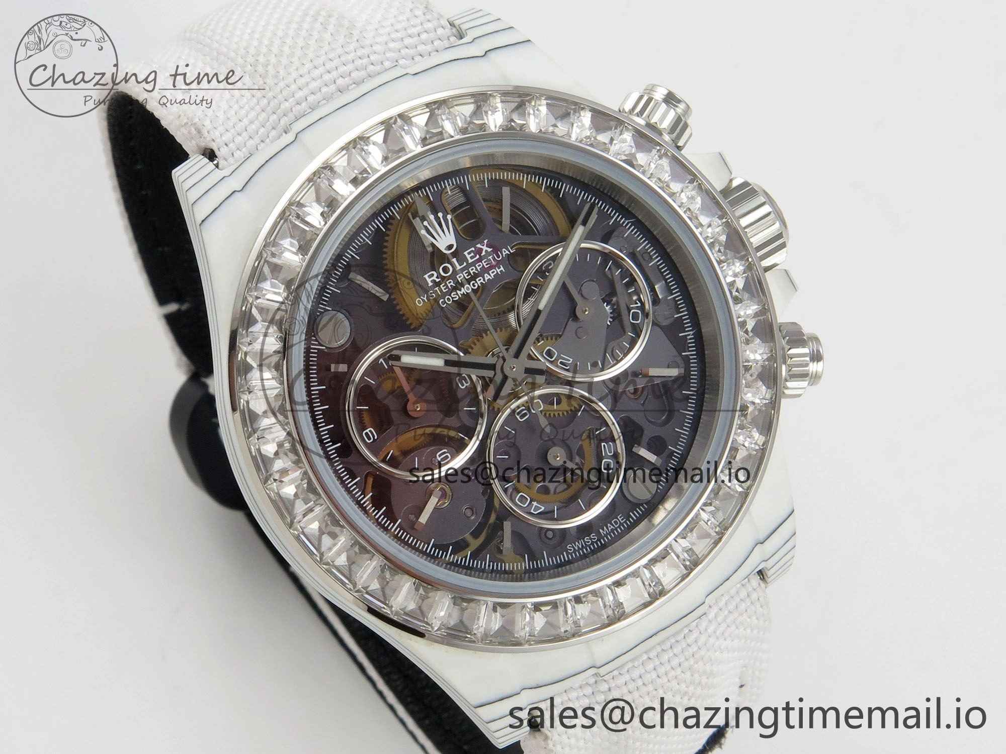 Daytona Cosmograph White Carbon MPF Best Blaken Skeleton Dial on White Nylon Strap A4801