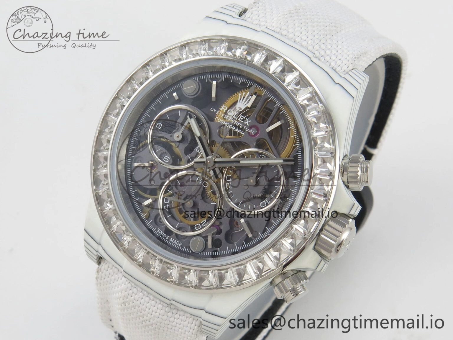 Daytona Cosmograph White Carbon MPF Best Blaken Skeleton Dial on White Nylon Strap A4801