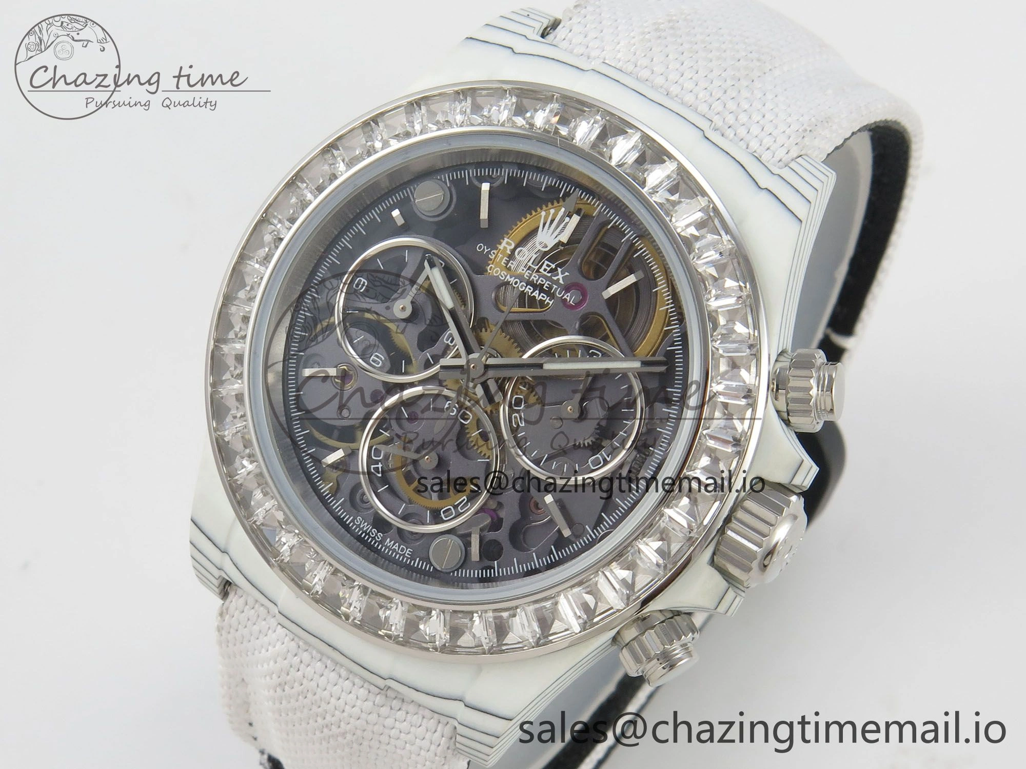 Daytona Cosmograph White Carbon MPF Best Blaken Skeleton Dial on White Nylon Strap A4801