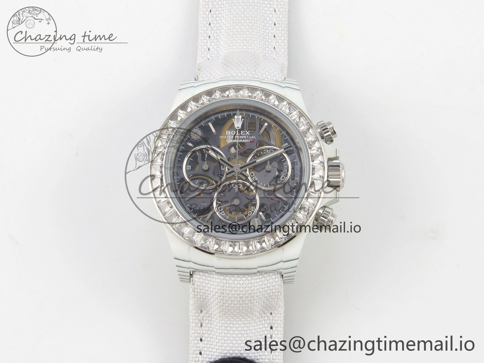 Daytona Cosmograph White Carbon MPF Best Blaken Skeleton Dial on White Nylon Strap A4801