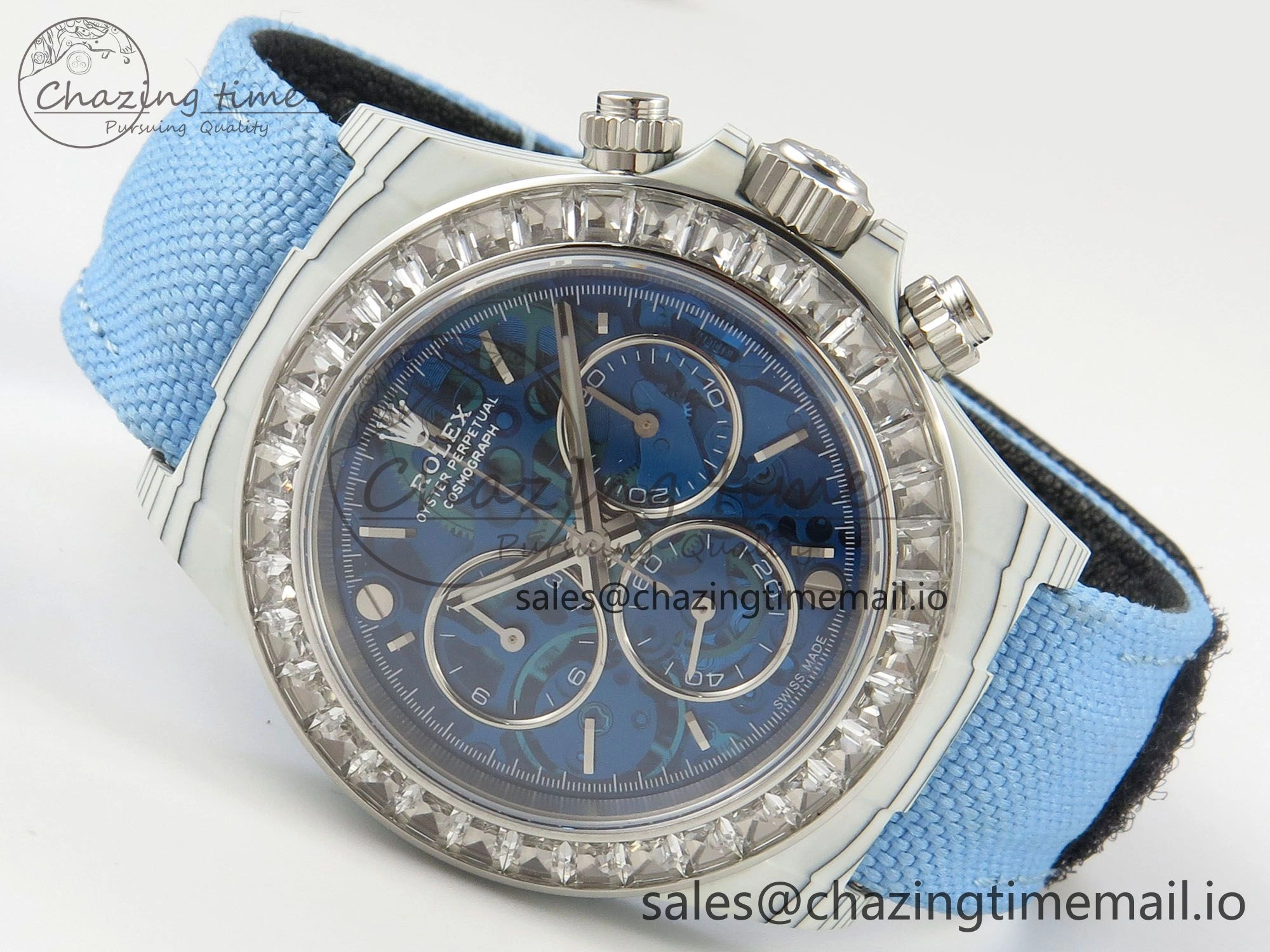 Daytona Cosmograph White Carbon MPF Best Blue Skeleton Dial on Blue Nylon Strap A4801