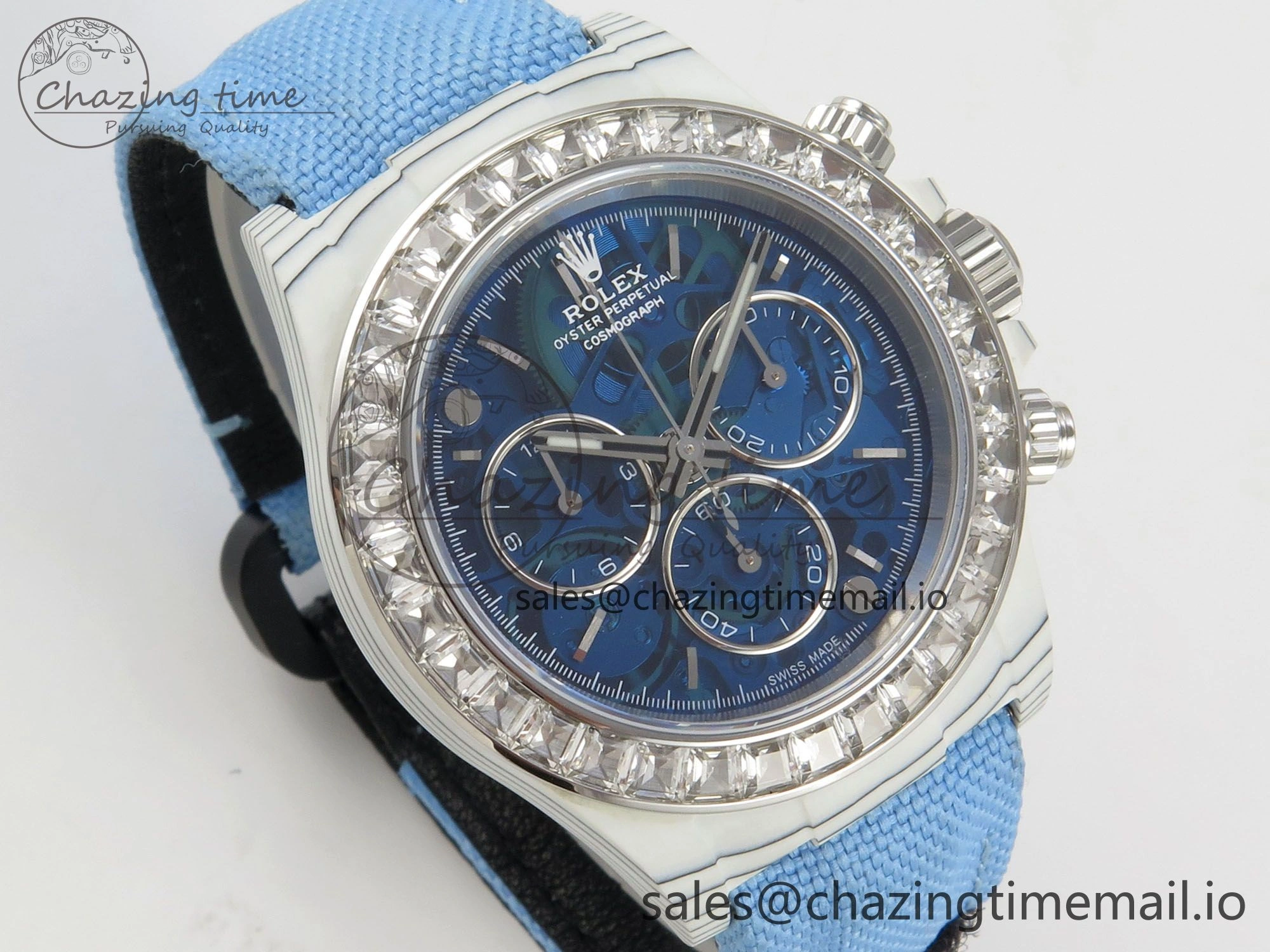Daytona Cosmograph White Carbon MPF Best Blue Skeleton Dial on Blue Nylon Strap A4801