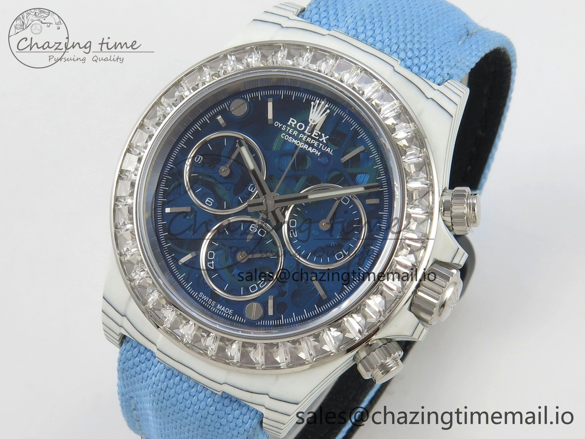 Daytona Cosmograph White Carbon MPF Best Blue Skeleton Dial on Blue Nylon Strap A4801