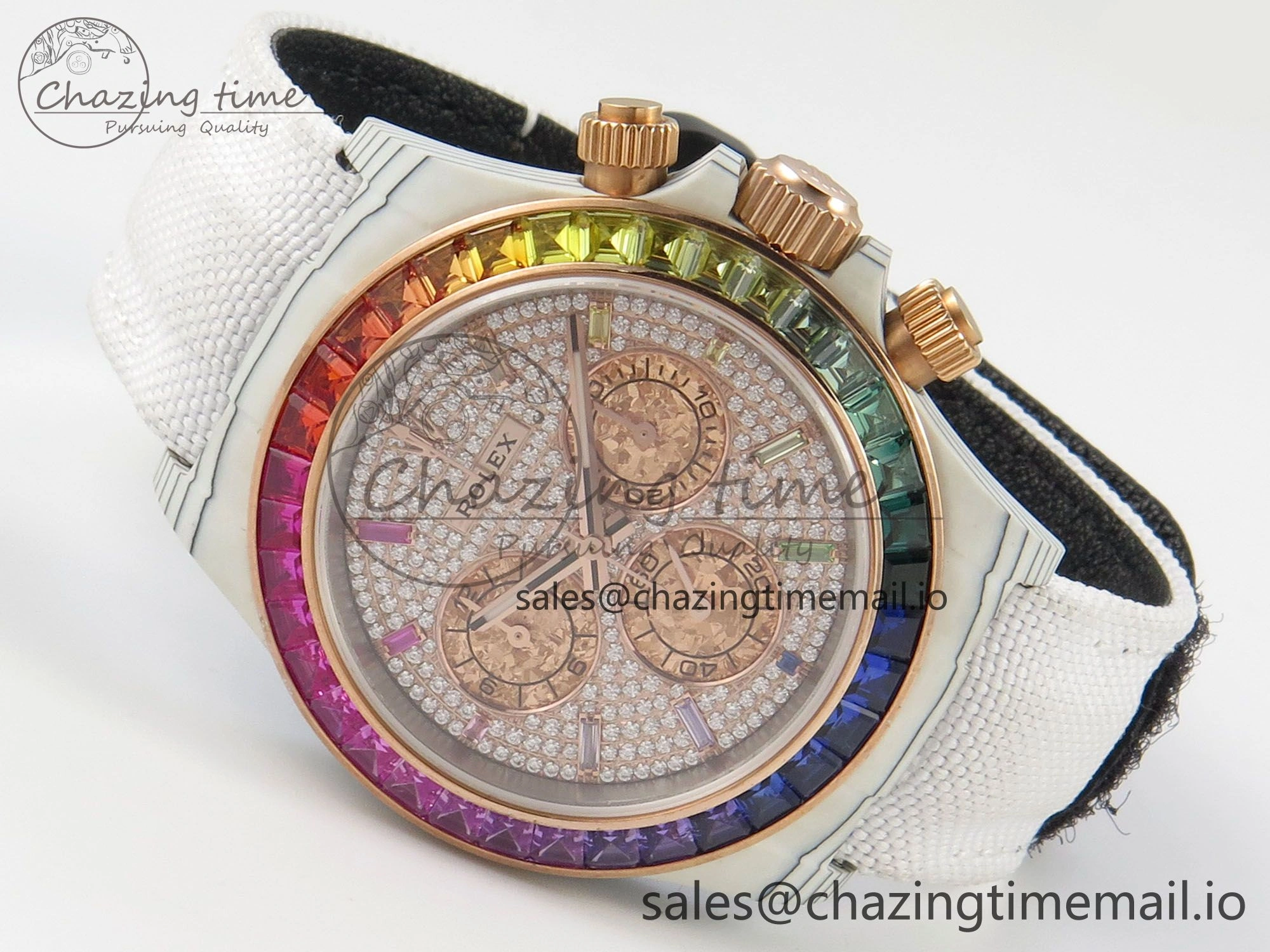Daytona Cosmograph White Carbon MPF Best Edition Full Diamond Dial White Nylon Strap A4801