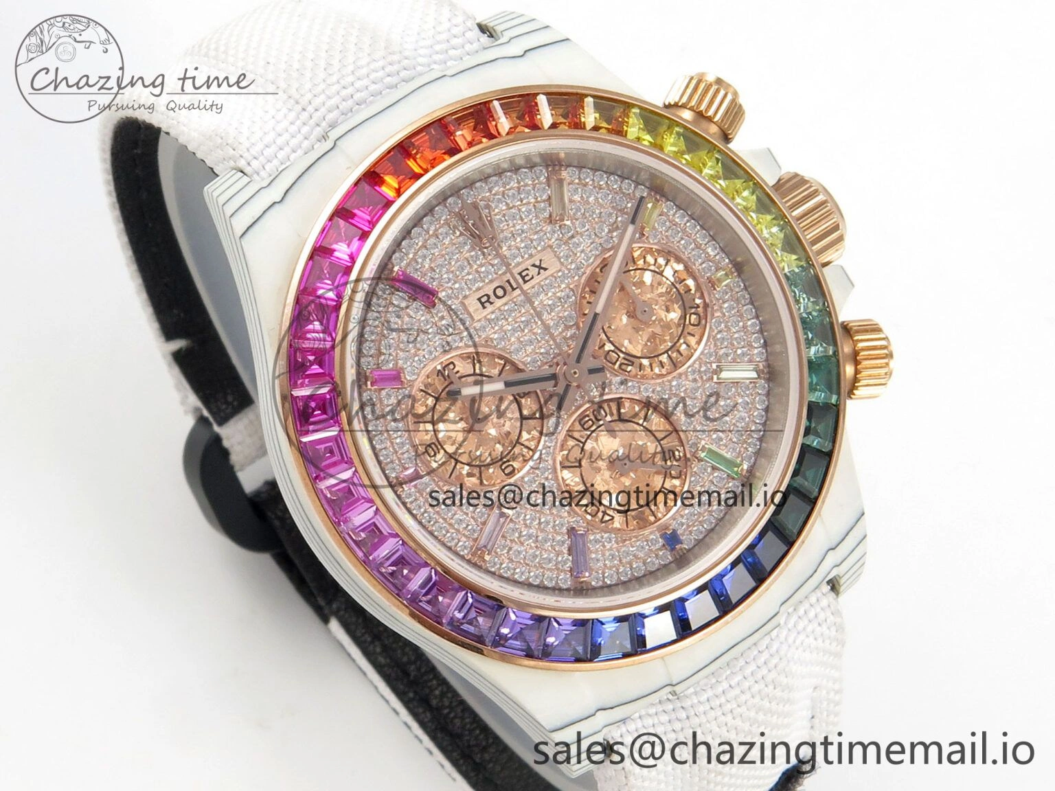 Daytona Cosmograph White Carbon MPF Best Edition Full Diamond Dial White Nylon Strap A4801
