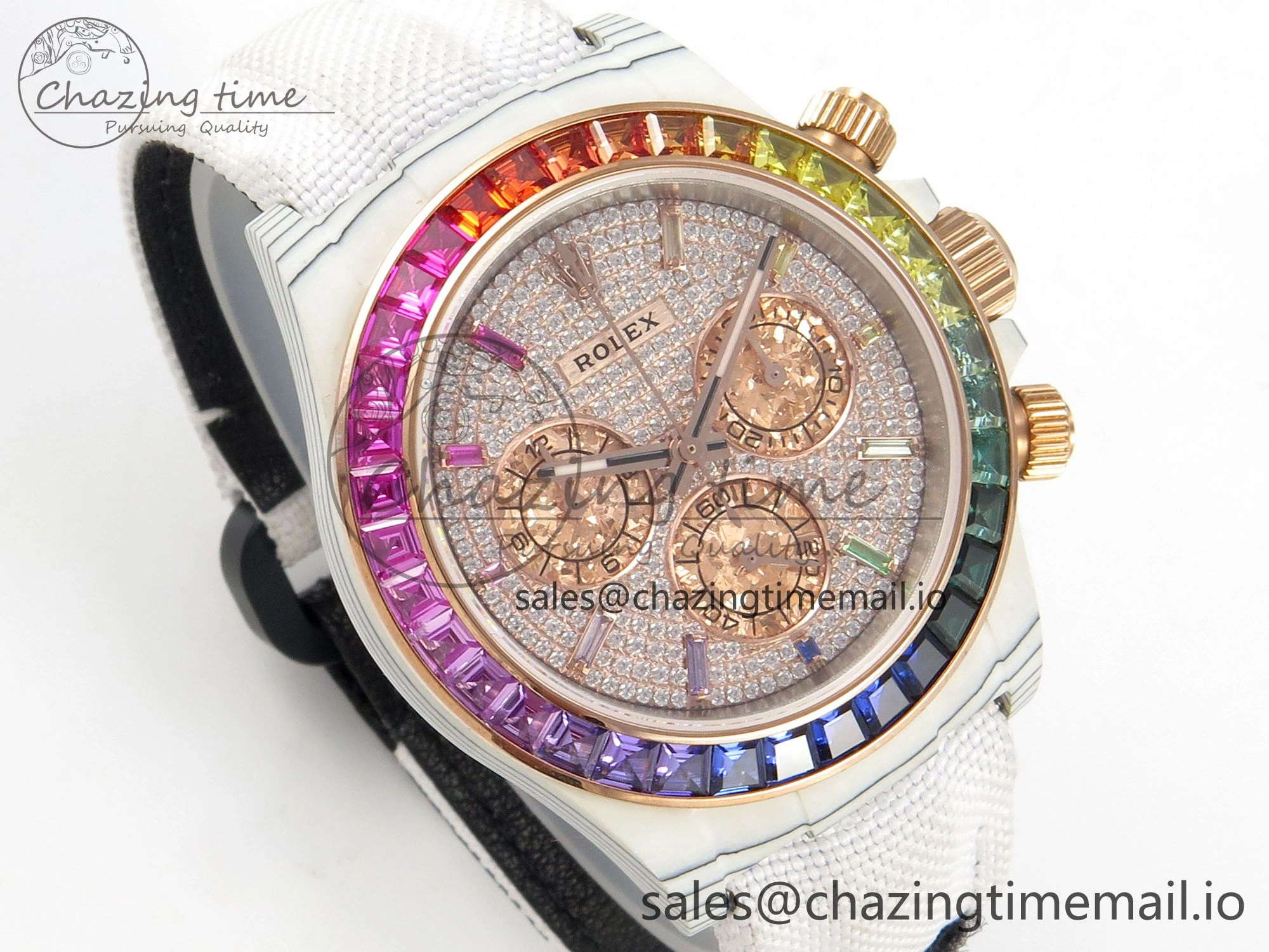 Daytona Cosmograph White Carbon MPF Best Edition Full Diamond Dial White Nylon Strap A4801
