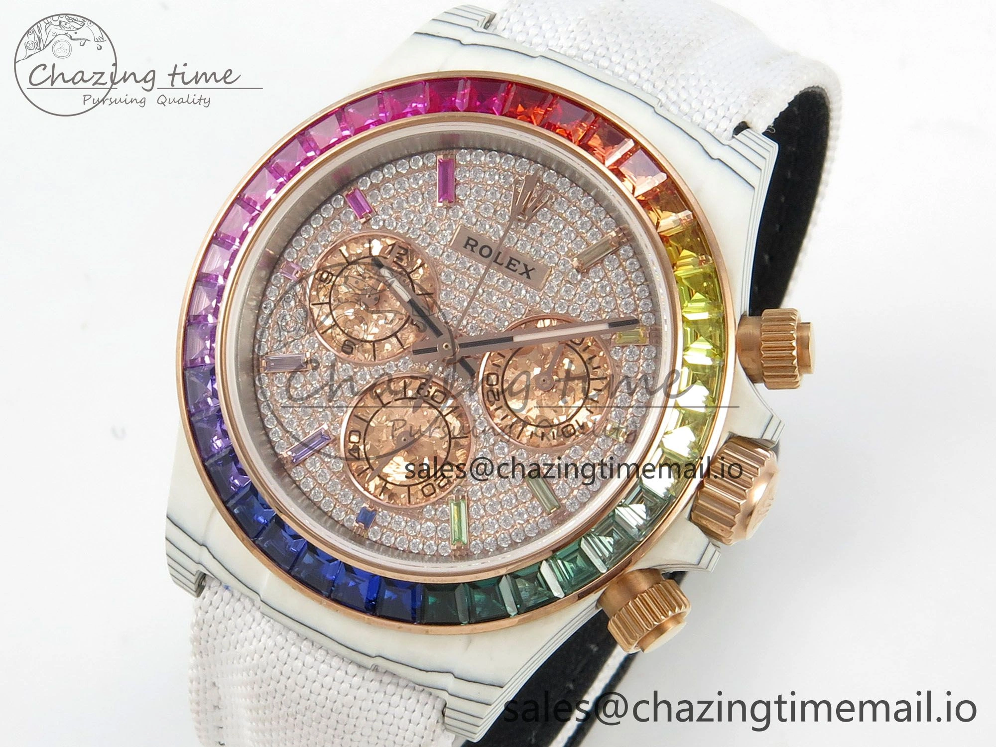Daytona Cosmograph White Carbon MPF Best Edition Full Diamond Dial White Nylon Strap A4801