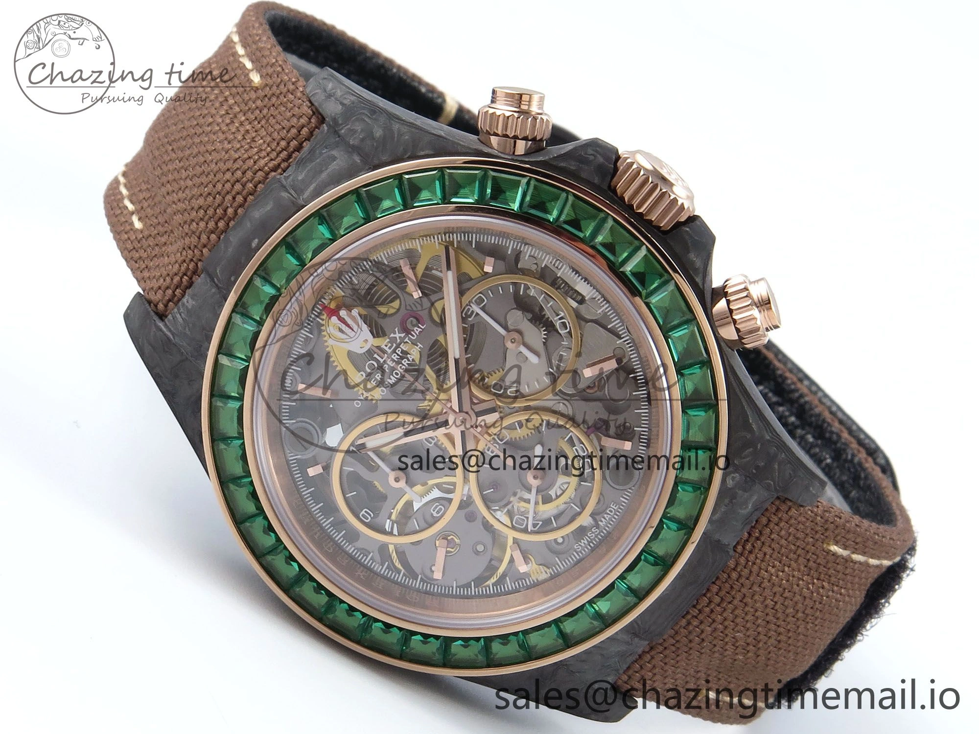 Daytona DIW Black Carbon DIWF Best Edition Skeleton Dial Green Diamonds Bezel on Brown Nylon Strap DD4801