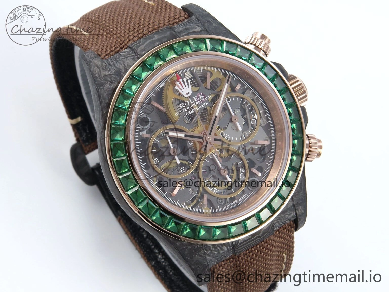 Daytona DIW Black Carbon DIWF Best Edition Skeleton Dial Green Diamonds Bezel on Brown Nylon Strap DD4801
